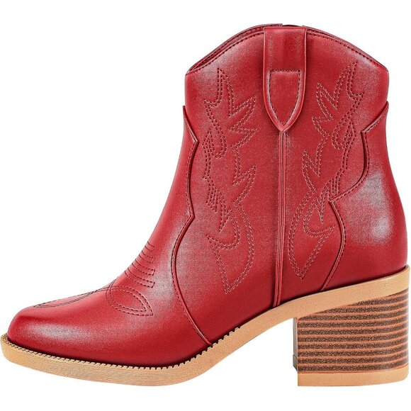 Women's Polyurethane Red Embroidered Round Toe Short Ankle Chunky Heel Boots - Picture 7 of 7